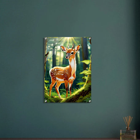 Muurdecoratie met kunstwerk van een hert in het bos met zonnestralen