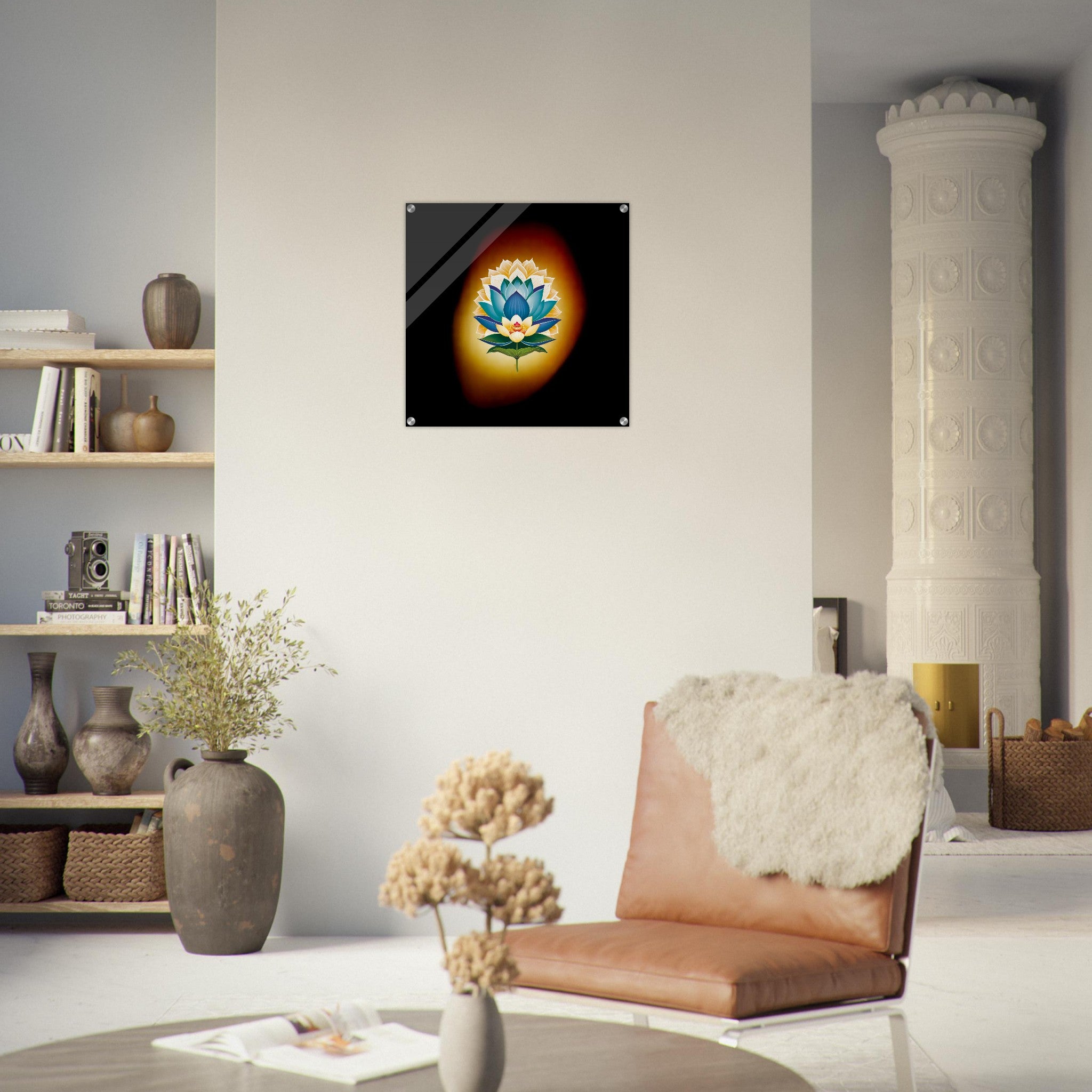 Acrylprint van een prachtige echte lichtbol met op de voorgrond een lotusbloem