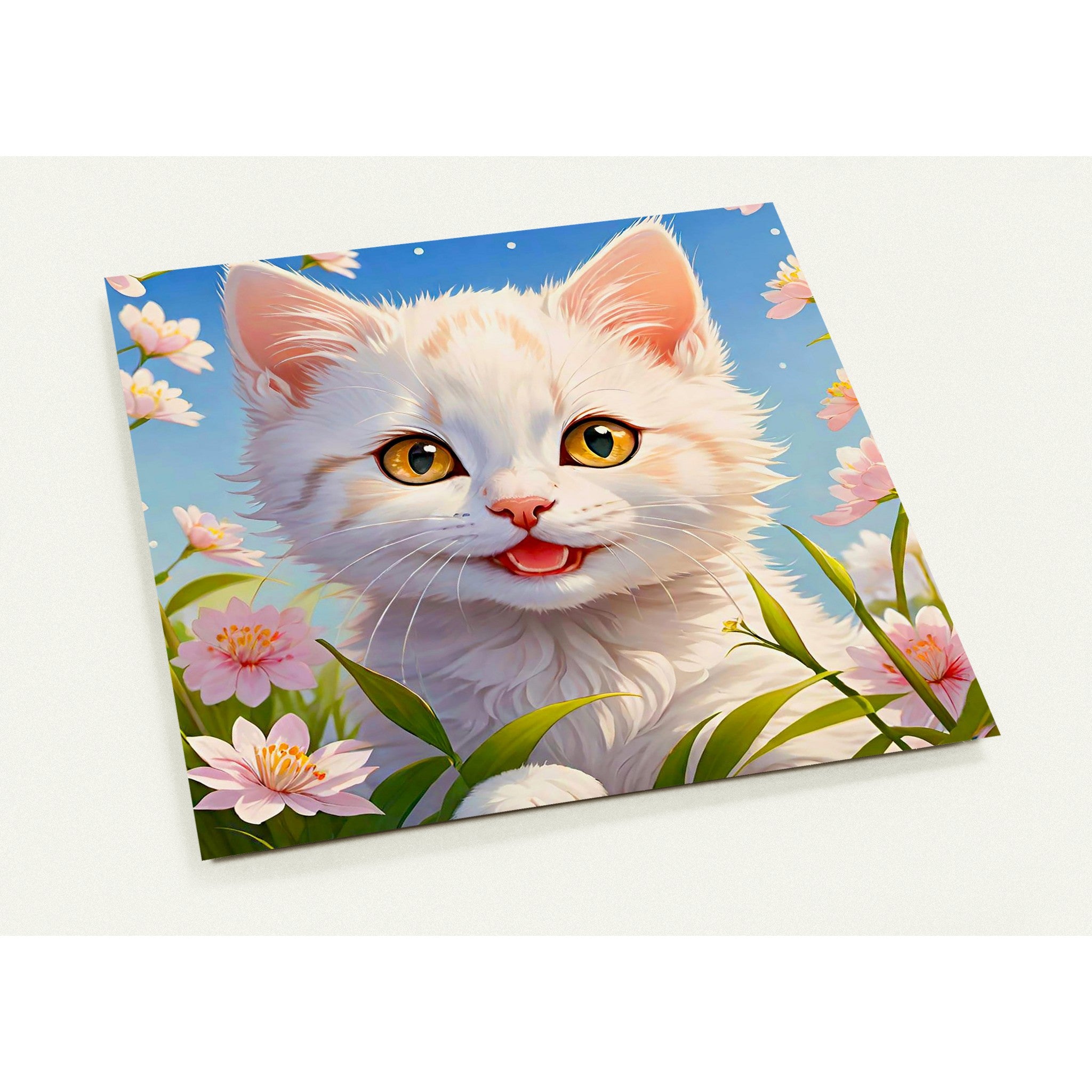 Kaartenset van een schattig poesje omringd met roze bloemen