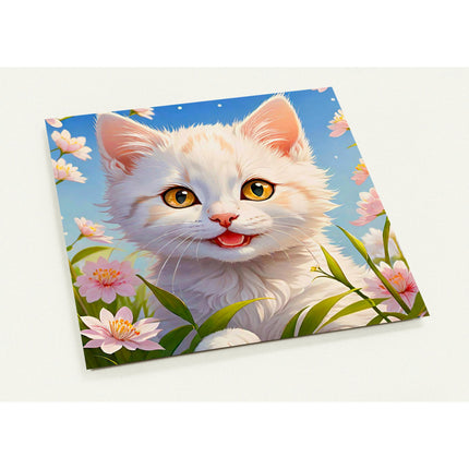 Kaartenset van een schattig poesje omringd met roze bloemen