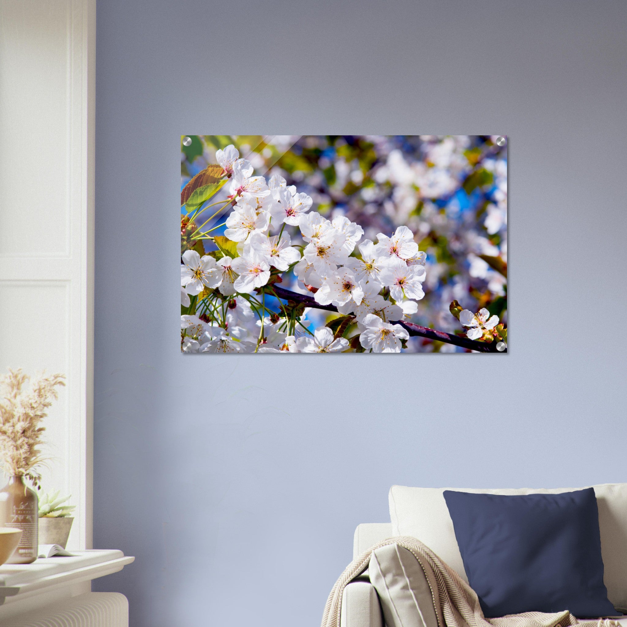 Acrylglas wanddecoratie met prachtige witte Sakura bloesems 