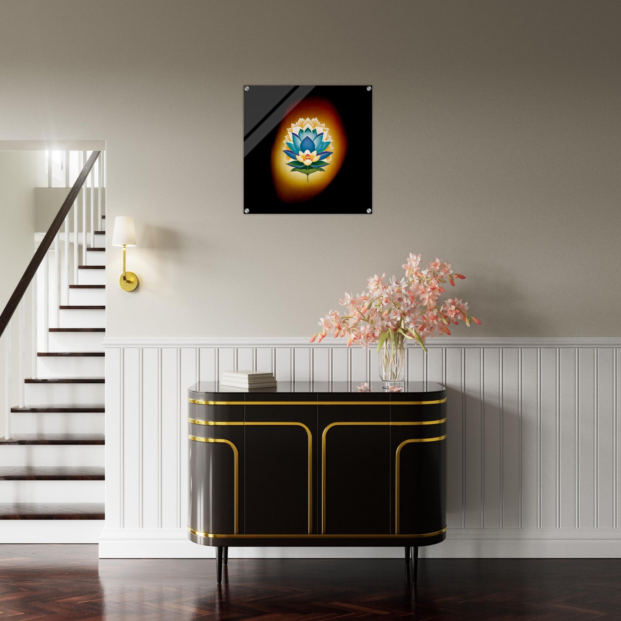Acrylprint van een prachtige echte lichtbol met op de voorgrond een lotusbloem