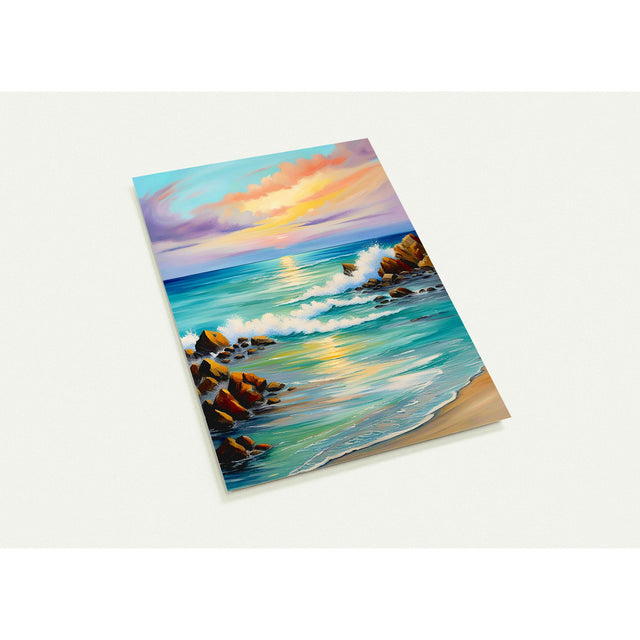 Kaartenset met aquarel van de zee met zonsondergang