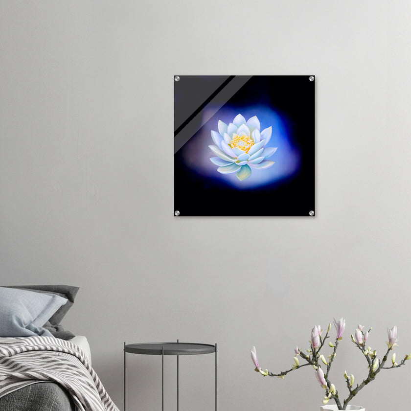 Acrylprint van een prachtige blauwe lichtbol met op de voorgrond een lotusbloem