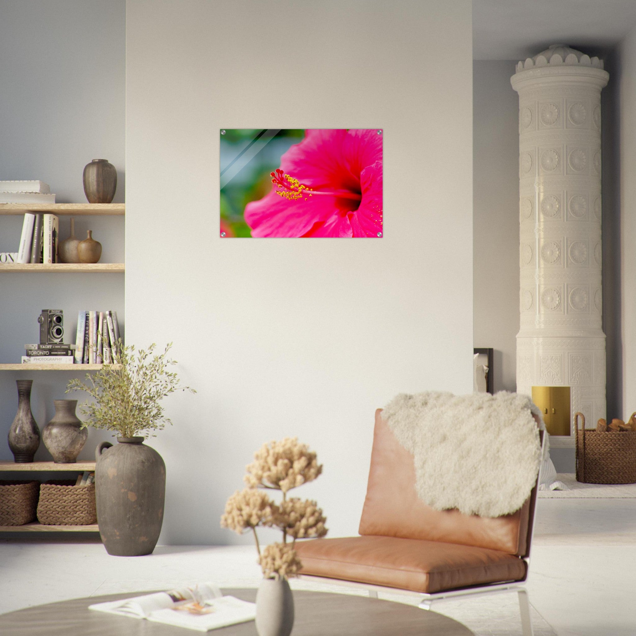 Acrylglas wanddecoratie met een prachtige magentarode hibiscus 