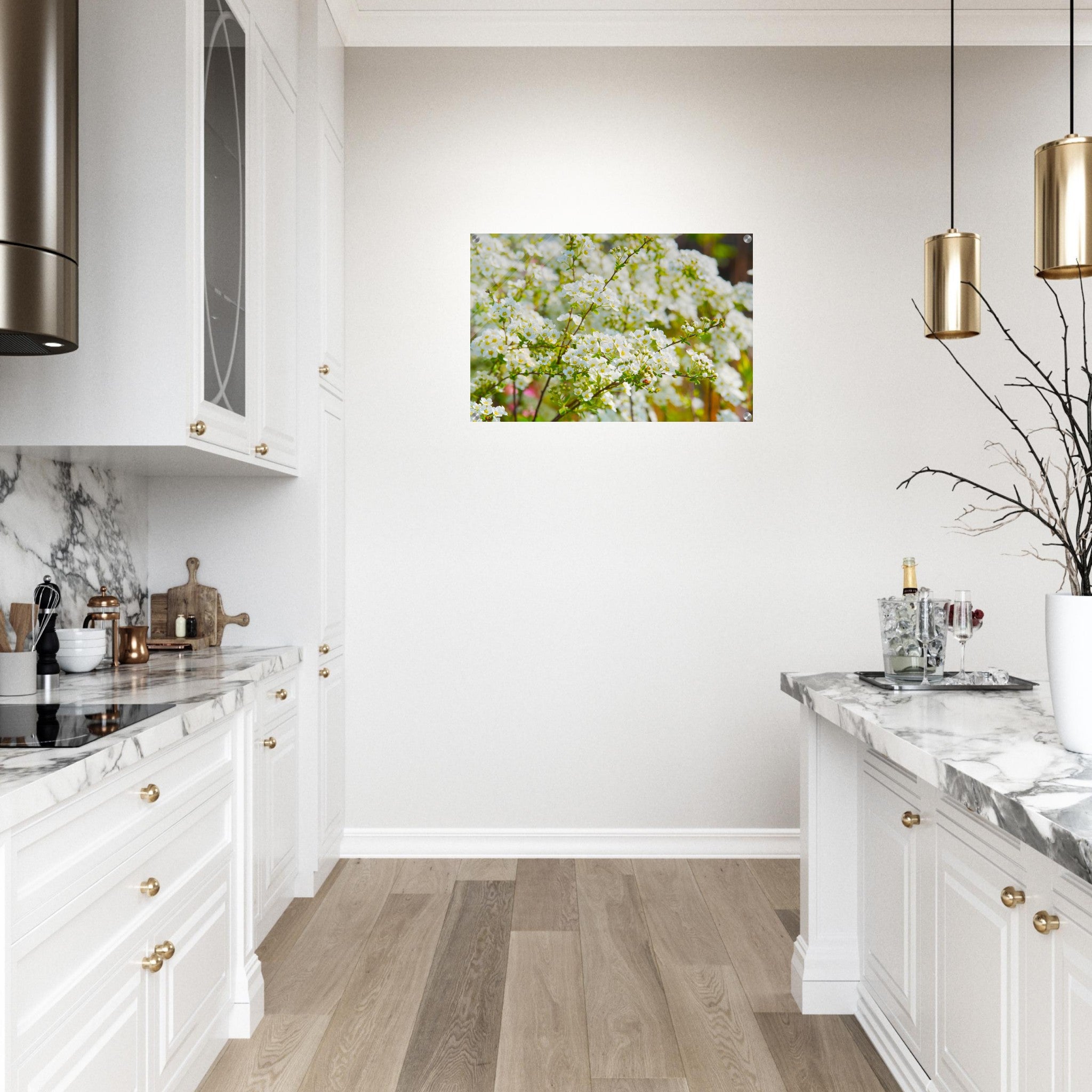 Acrylglas wanddecoratie met prachtige witte spirea lentebloesems 