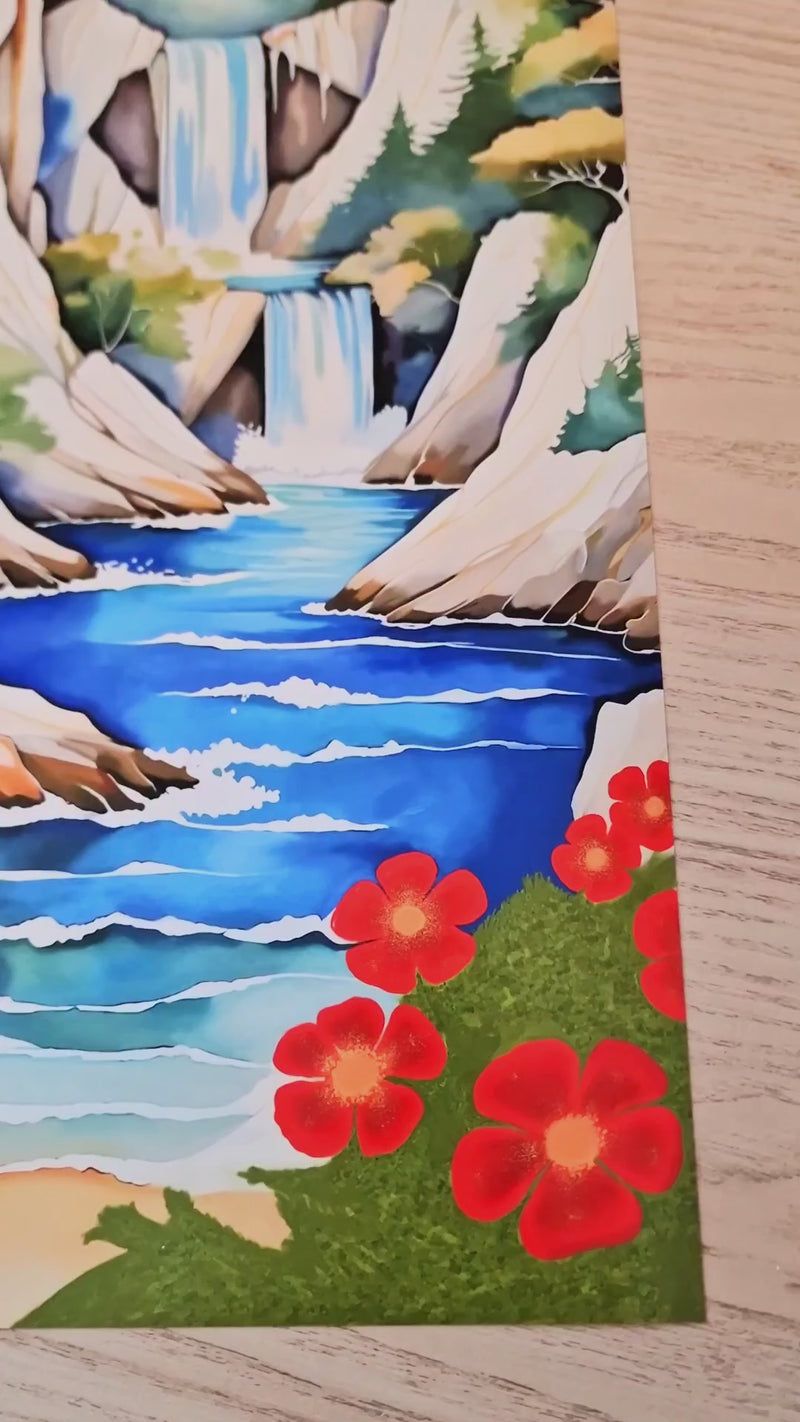 Video van een handgemaakte tekening van Ontara, een bijzondere plek in Lemurië zoals beschreven in het boek ‘Het licht van de sterren’. Het landschap toont witte rotsen, glinsterende zee, zandstranden, watervallen, weelderige vegetatie en rode bloemen. De camera beweegt langzaam over het beeld, waardoor de zuiverheid, harmonie en spirituele kracht van deze oude, heilige energie volledig zichtbaar worden, en een gevoel van Lemurische wijsheid en spiritueel ontwaken oproepen.