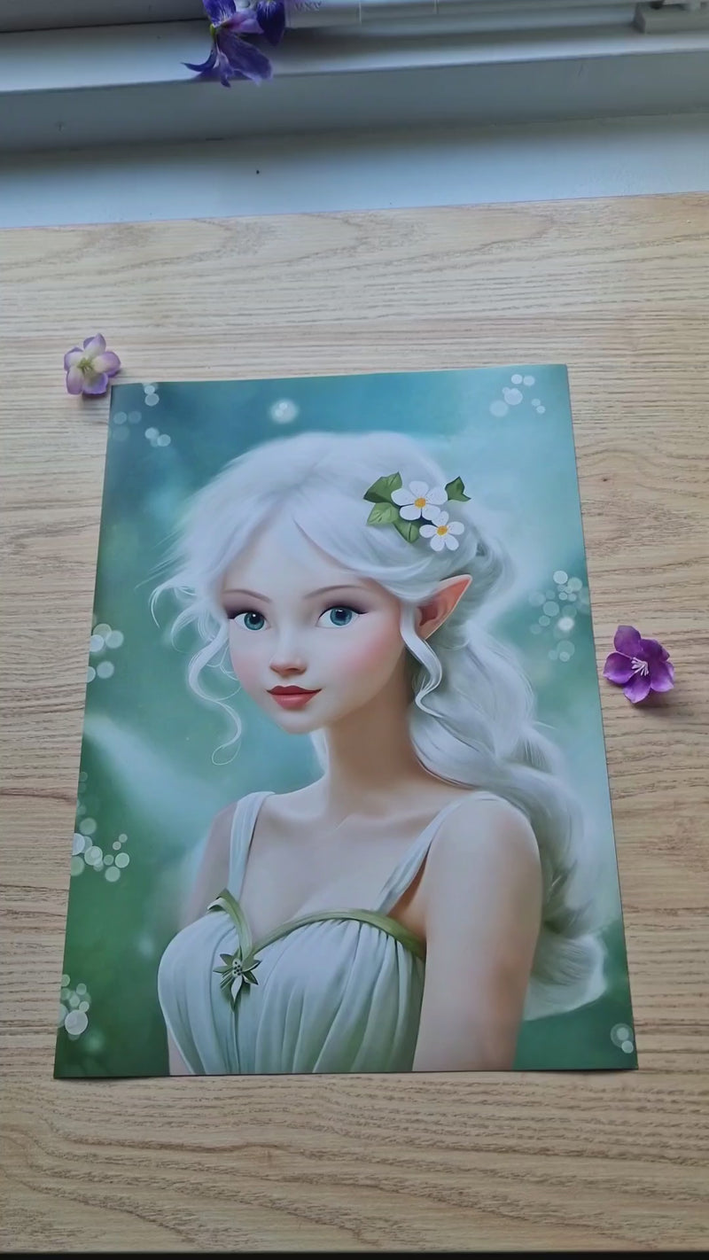 Video van een handgemaakt kunstwerk van een liefdevol elfje in zachtgroene en witte tinten. Ze heeft witte bloemen in haar haar en straalt speelsheid, wijsheid en warmte uit. Omringd door lichtsprankels beweegt de camera langzaam over het beeld, waardoor de zachte kleuren, delicate details en de serene, magische sfeer volledig zichtbaar worden, uitnodigend tot vreugde en inspiratie.