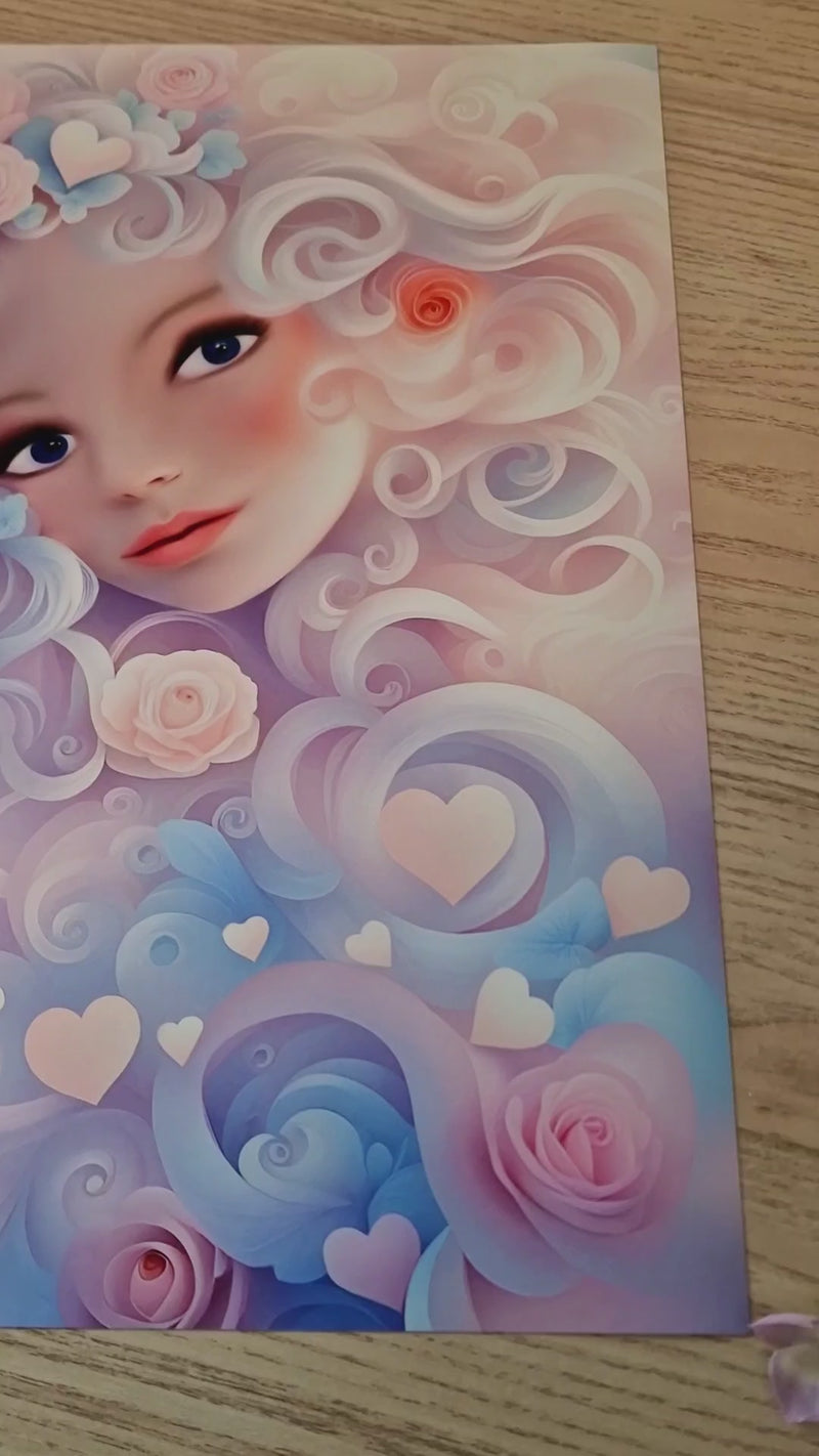 Video van een digitale tekening van een dromerig bloemenmeisje met stralend blauwe ogen, omringd door roze en hemelsblauwe pastelbloemen. De zachte kleuren en vloeiende penseelstreken creëren een gevoel van rust, liefde en bescherming. De camera beweegt langzaam over het kunstwerk en laat de fijne details en warme, serene sfeer zien.