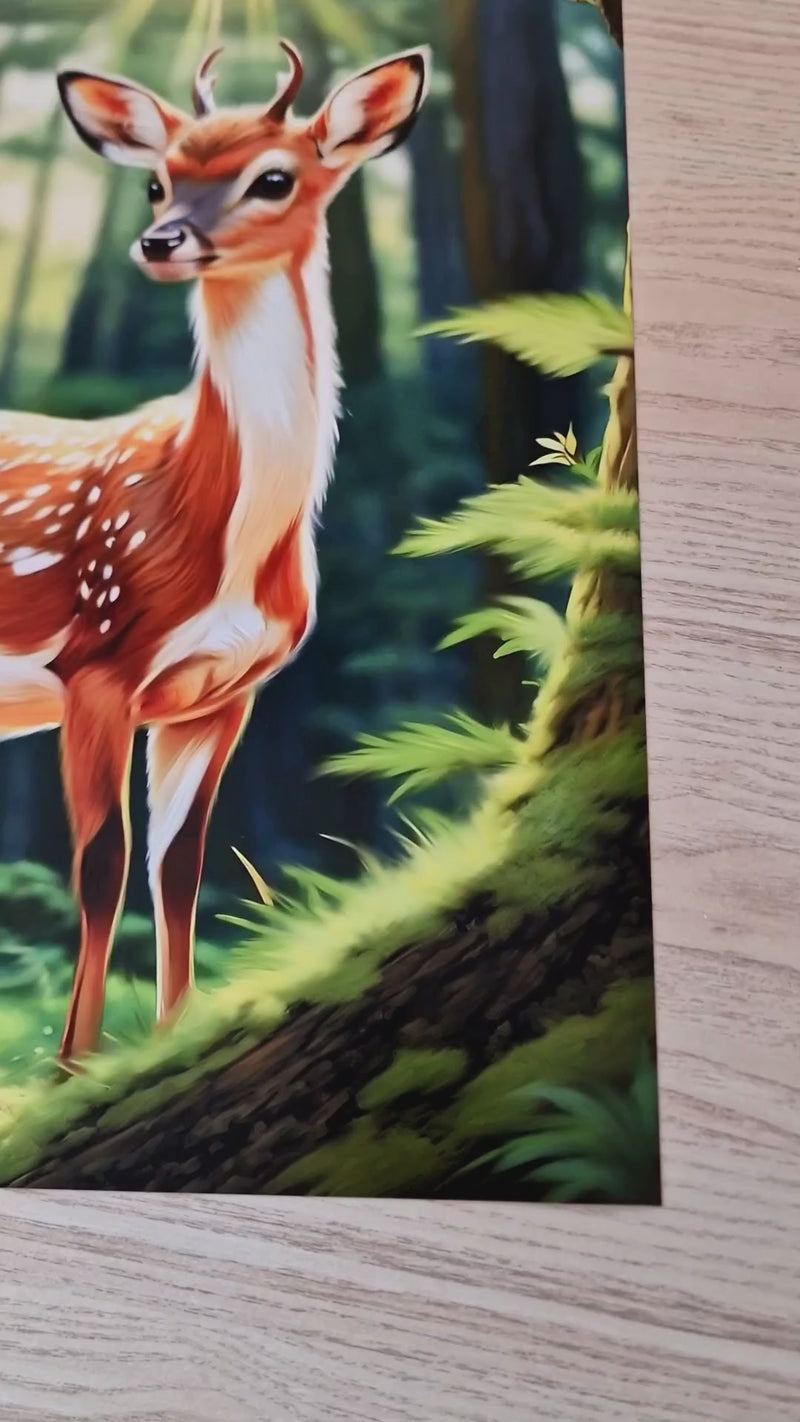 Video van een handgemaakte tekening van een statig hert in een bos. Zachte zonnestralen vallen door de bomen op het hert, dat oplettend en liefdevol kijkt. De camera beweegt langzaam over het beeld, waardoor de weelderige groene vegetatie, het delicate lichtspel en de serene, natuurgetrouwe sfeer volledig zichtbaar worden.